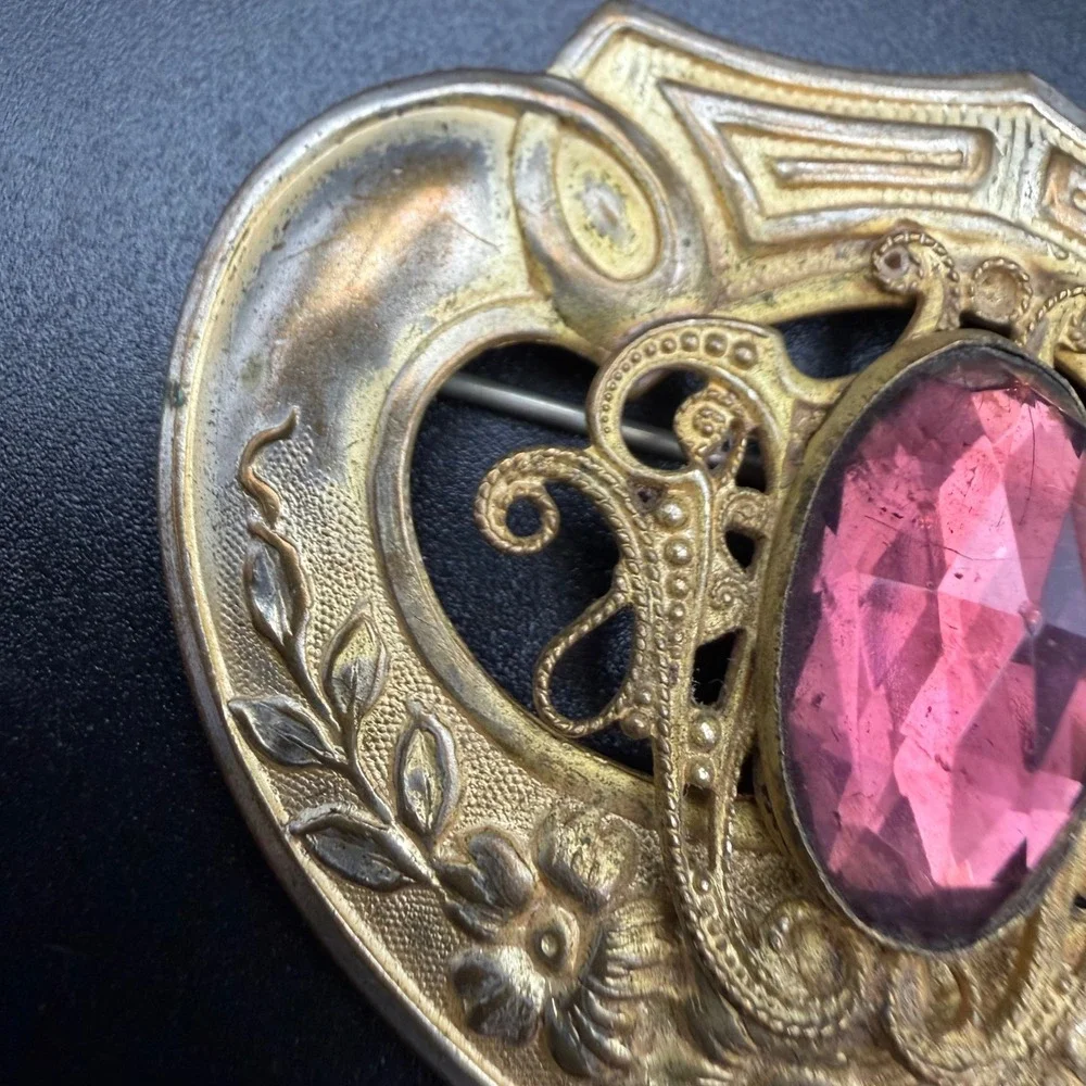 Vintage Sash Brooch Gold Tone Purple Glass Faceted Stone Edwardian Floral Large